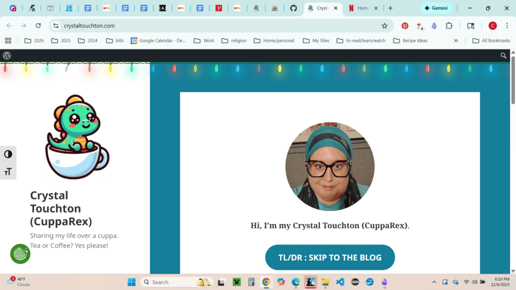 screenshot of a homepage of the blog crystaltouchton.com featuring christmas lights at the top of the blog.